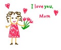 Congratulations on March 8. I love you, Mom. Children`s drawing for mom. Vector Royalty Free Stock Photo